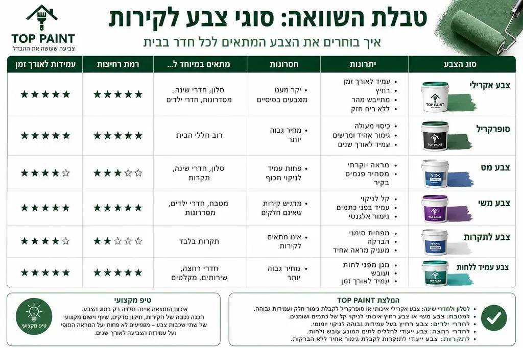 טבלת השוואה: סוגי צבע לקירות